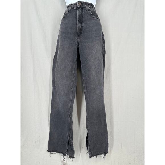 Zara Denim - Zara Jeans Womens 8 Black High Rise Straight Loose Raw Hem Slit Denim Stretch